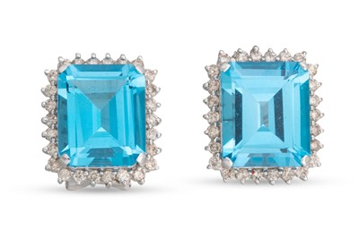 Lot 184 - A PAIR OF BLUE TOPAZ AND DIAMOND CLUSTER...