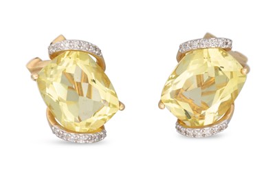 Lot 186 - A PAIR OF YELLOW QUARTZ EARRINGS, diamond...