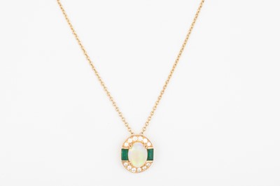 Lot 190 - AN OPAL, EMERALD AND DIAMOND CLUSTER PENDANT,...