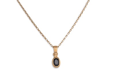 Lot 232 - A SAPPHIRE SET PENDANT, mounted in 9ct yellow...