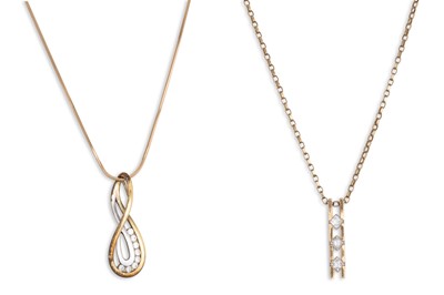 Lot 233 - TWO CUBIC ZIRCONIA PENDANTS, on a 9ct yellow...