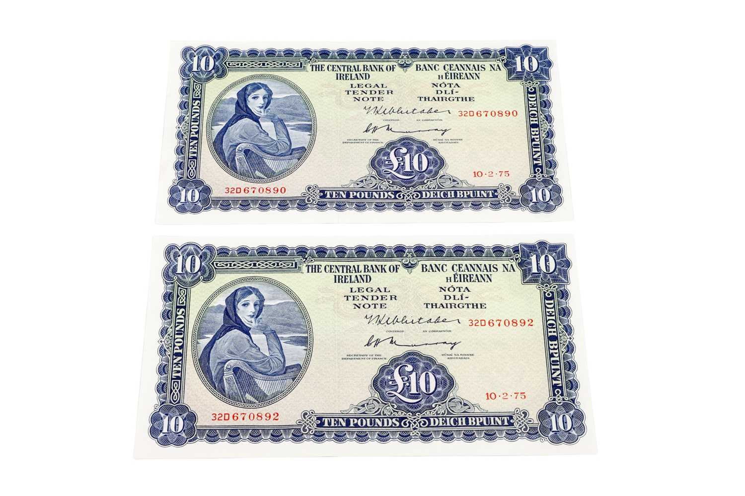 Lot 479 - A PAIR OF LADY LAVERY IRISH £10 BANKNOTES,