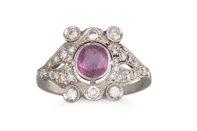 Lot 327 - A PINK SAPPHIRE AND DIAMOND CLUSTER RING, of...