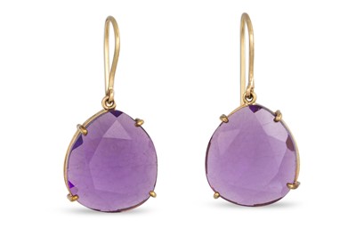 Lot 359 - A PAIR OF AMETHYST DROP EARRINGS, the pear...