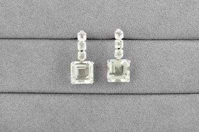 Lot 140 - A PAIR OF GREEN QUARTZ DROP EARRINGS, mounted...