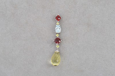 Lot 141 - A TOPAZ, GARNET & QUARTZ DROP PENDANT, mounted...