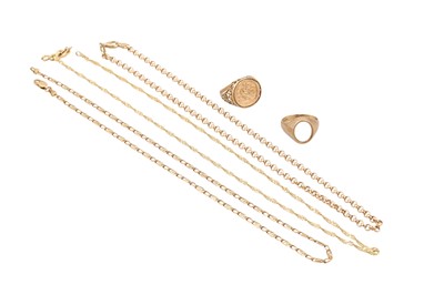 Lot 63 - AN ASSORTMENT OF 9CT GOLD CHAINS & RINGS, 33 g.