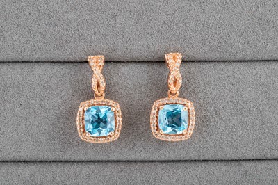 Lot 158 - A PAIR OF BLUE TOPAZ AND DIAMOND DROP EARRINGS,...