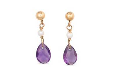 Lot 19 - A PAIR OF AMETHYST DROP EARRINGS, mounted in...