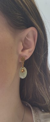 Lot 24 - A PAIR OF JADE DROP EARRINGS, mounted in 14ct...