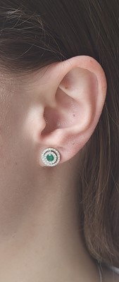 Lot 26 - A PAIR OF EMERALD AND DIAMOND CLUSTER EARRINGS,...