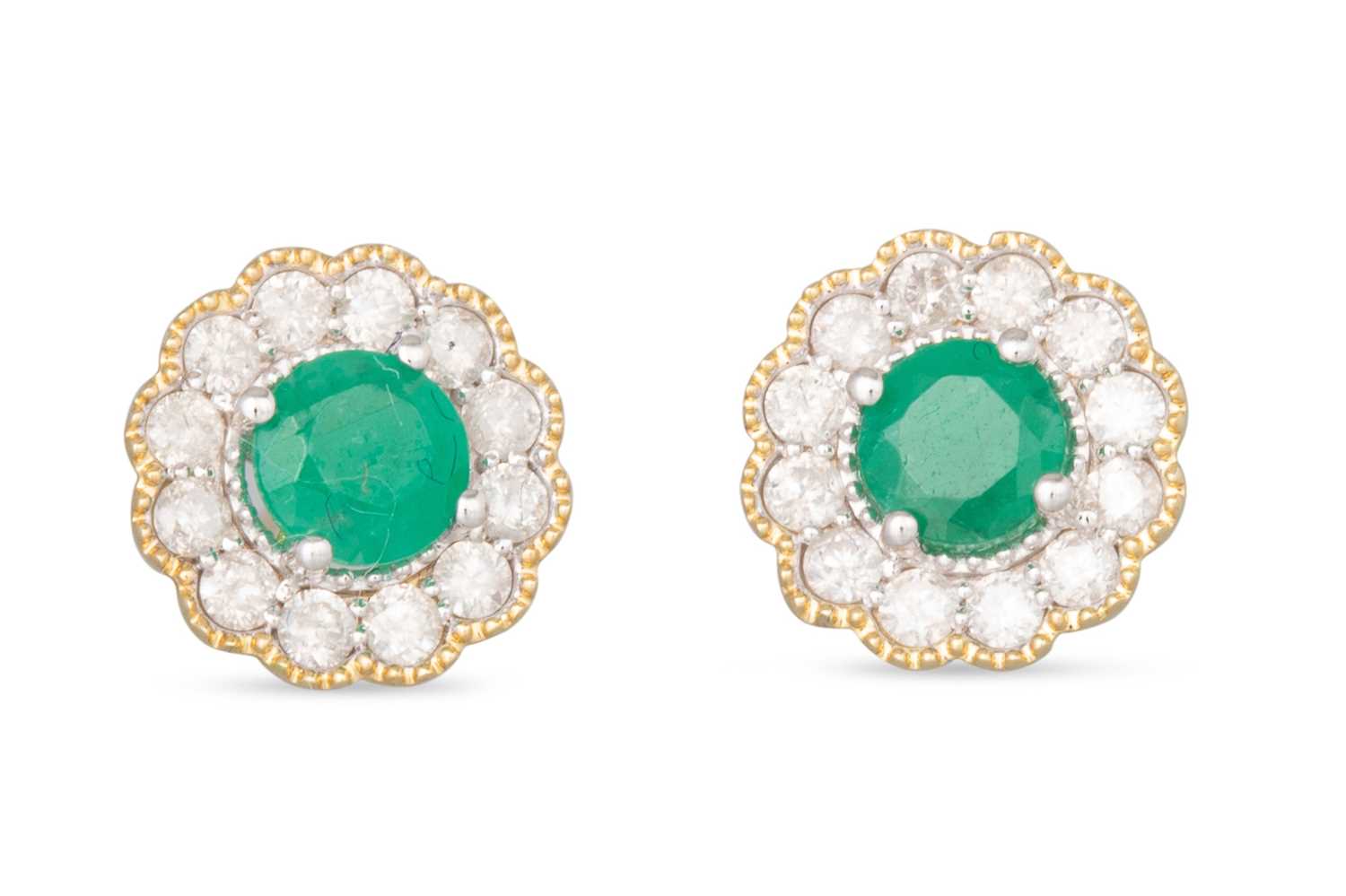 Lot 33 - A PAIR OF EMERALD AND DIAMOND CLUSTER EARRINGS,...
