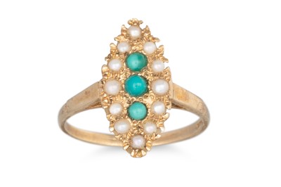 Lot 34 - A TURQUOISE AND SEED PEARL RING, navette style...
