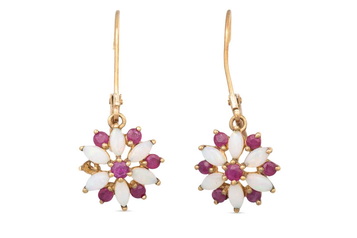 Lot 36 - A PAIR OF OPAL AND RUBY DROP EARRINGS, floral...
