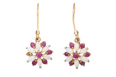 Lot 36 - A PAIR OF OPAL AND RUBY DROP EARRINGS, floral...