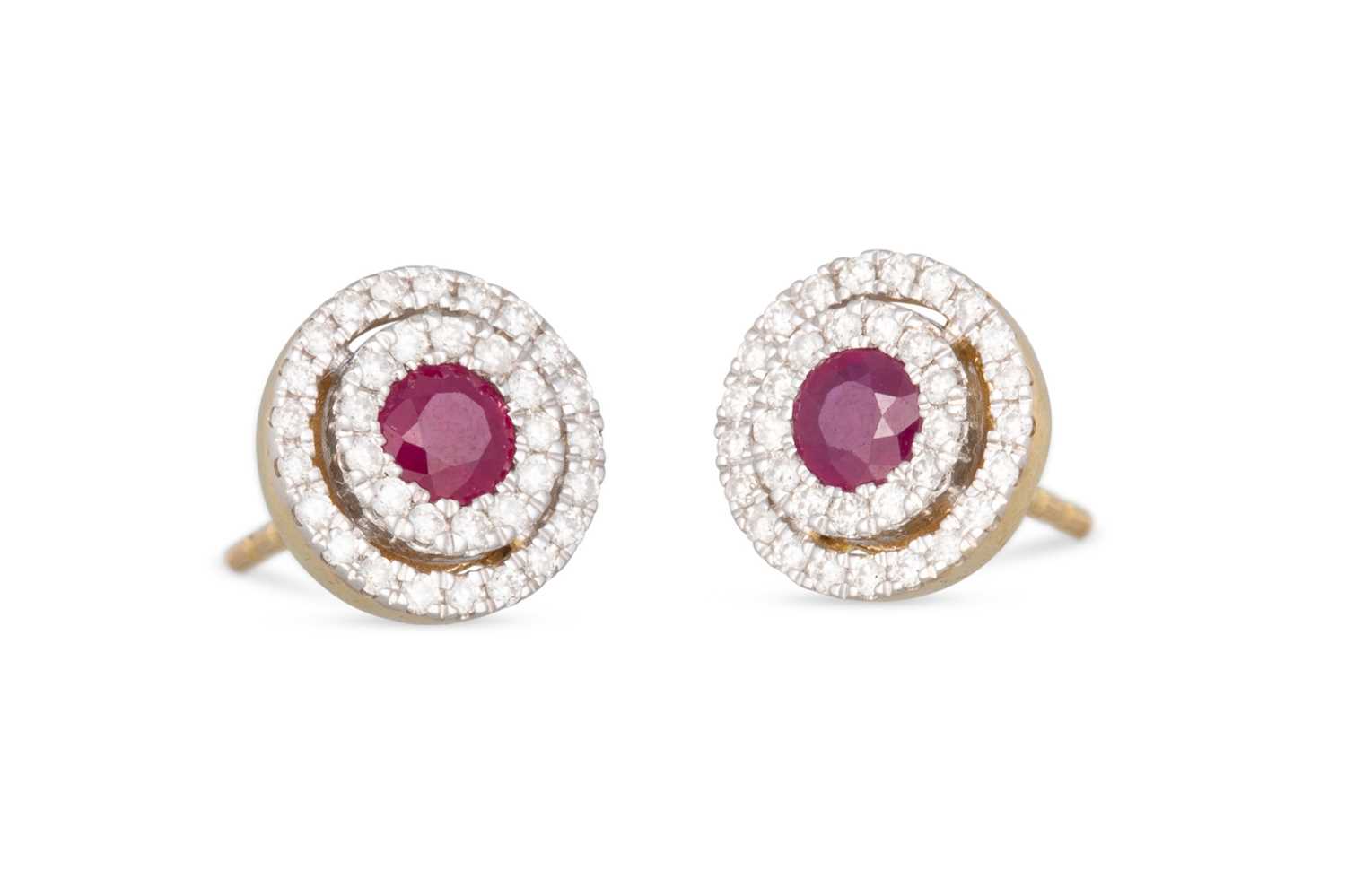 Lot 63 - A PAIR OF DIAMOND AND RUBY TARGET EARRINGS,...