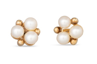 Lot 65 - A PAIR OF CULTURED EARRINGS, mounted in gold