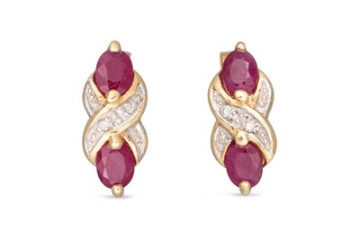 Lot 76 - A PAIR OF DIAMOND AND RUBY EARRINGS, set with...
