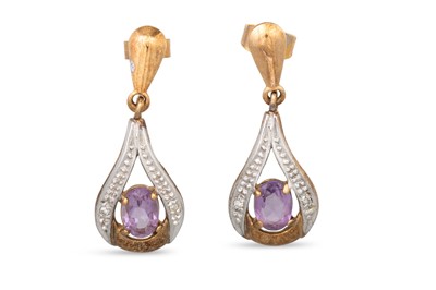 Lot 80 - A PAIR OF AMETHYST AND DIAMOND DROP EARRINGS,...