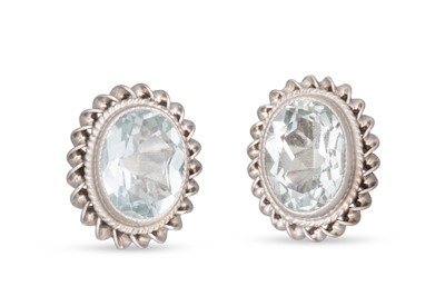 Lot 98 - A PAIR OF AQUAMARINE EARRINGS, the oval...