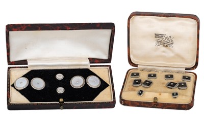 Lot 103 - AN ART DECO MARCASITE AND ONYX STUD SET, cased,...