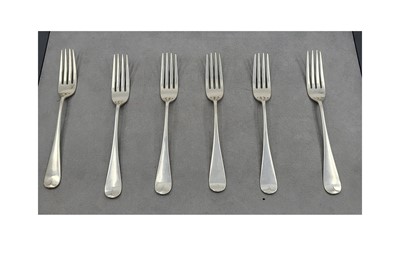 Lot 443 - A SET OF SIX VICTORIAN ENGLISH SILVER FORKS,...