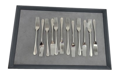 Lot 456 - A SET OF TWELVE ENGLISH SILVER DESSERT FORKS,...