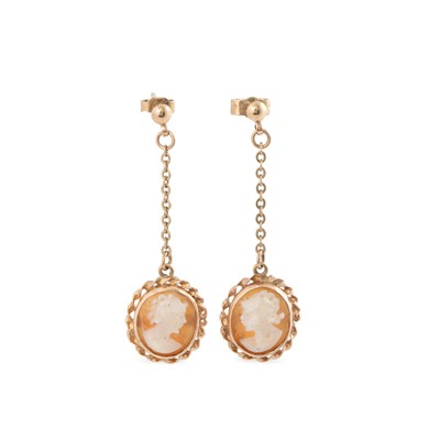 Lot 3 - A PAIR OF SHELL CAMEO DROP EARRINGS, mounted...