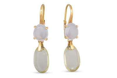Lot 239 - A PAIR OF LEMON QUARTZ AND CHALCEDONY DROP...