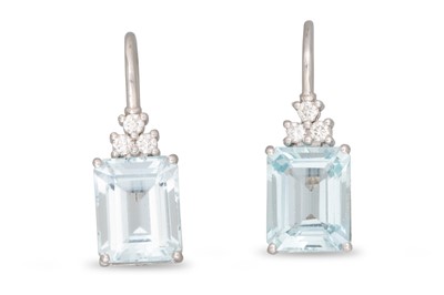 Lot 242 - A PAIR OF AQUAMARINE AND DIAMOND EARRINGS, the...