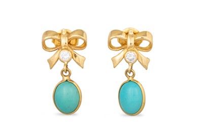 Lot 247 - A PAIR OF TURQUOISE DROP EARRINGS, cabochon...