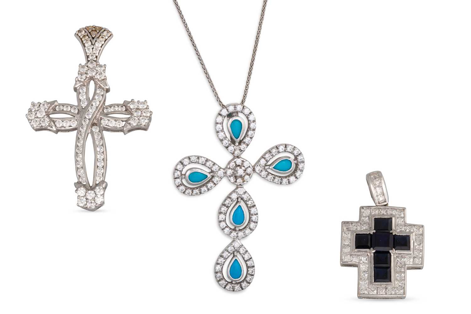 Lot 48 - THREE CUBIC ZIRCONIA, SAPPHIRE AND TURQUOISE...