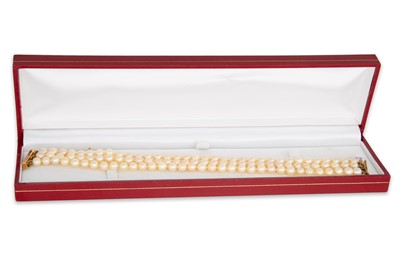 Lot 130 - A TRIPLE ROWED AKOYA CULTURED PEARL BRACELET,...