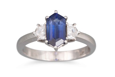 Lot 384 - A SAPPHIRE AND DIAMOND THREE STONE RING,...