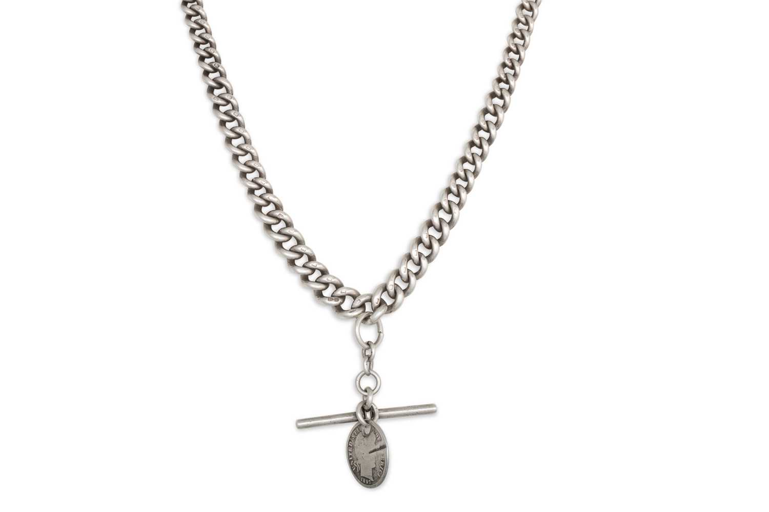 Lot 93 - AN ANTIQUE SILVER ALBERT NECKLACE, suspending...