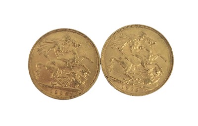 Lot 402 - A PAIR OF GOLD FULL SOVEREIGN ENGLISH COINS,...