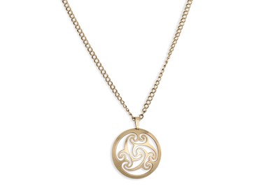 Lot 201 - A 9CT GOLD CHAIN, suspending a circular...