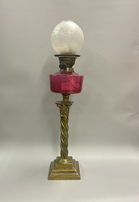Lot 482 - AN ANTIQUE OIL LAMP, etched shade, ruby glass...