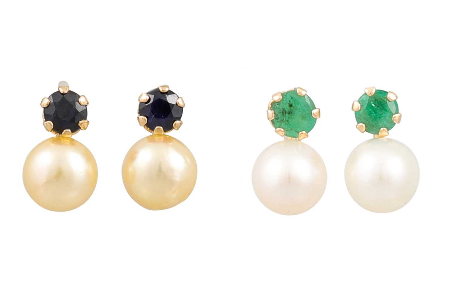 Lot 16 - A PAIR OF PEARL AND EMERALD EARRINGS, mounted...