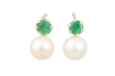 Lot 16 - A PAIR OF PEARL AND EMERALD EARRINGS, mounted...