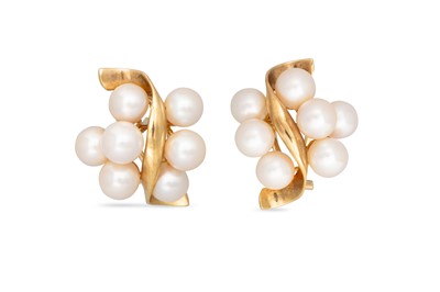 Lot 223 - A PAIR OF PEARL CLUSTER EARRINGS, mounted in...