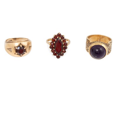 Lot 261 - THREE VINTAGE RINGS, mounted in 9ct gold, set...