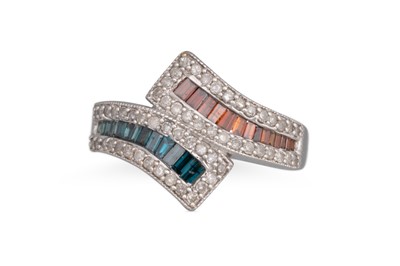 Lot 288 - A COLOURED DIAMOND CROSS OVER RING, channel...