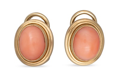 Lot 143 - A PAIR OF CORAL STUD EARRINGS, the cabochon...