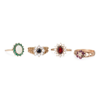 Lot 80 - FOUR 9CT YELLOW GOLD CLUSTER DRESS RINGS,...