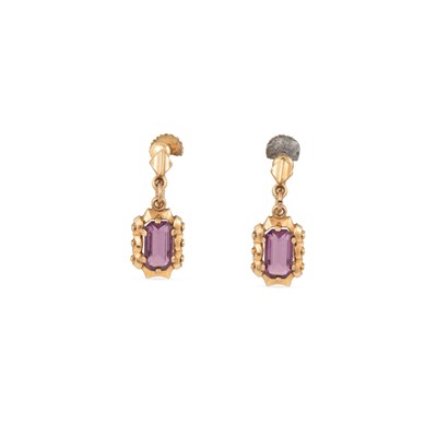 Lot 82 - A PAIR OF AMETHYST DROP EARRINGS, mounted in...