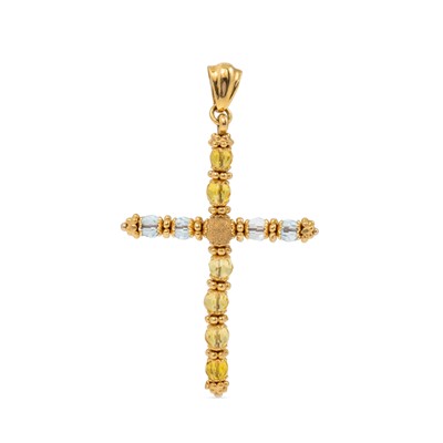 Lot 84 - A YELLOW METAL CROSS PENDANT, set with beads,...