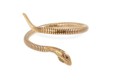 Lot 15 - A VINTAGE 9CT GOLD SNAKE BRACELET, with steel...