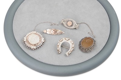Lot 28 - A COLLECTION OF FIVE ANTIQUE SILVER BROOCHES,...