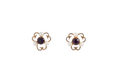 Lot 63 - A PAIR OF PEARL AND AMETHYST CLUSTER EARRINGS,...